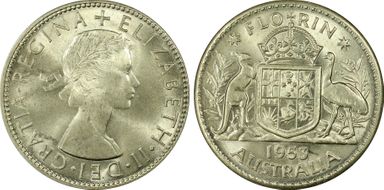 1953(m) Florin Small Rev. Denticles KM-54  Ag MS65