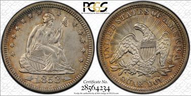 1853 25C Arrows and Rays MS63