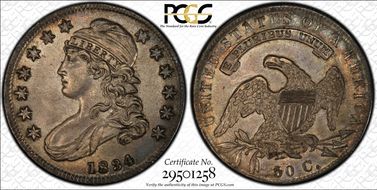 1834 50C Overton 110 Sm Date, Sm Let AU58