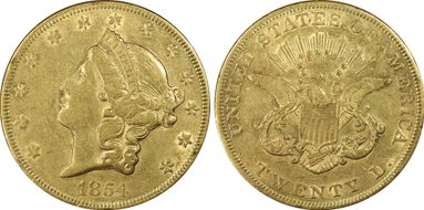 1854 $20 Small Date AU50