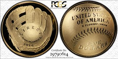 2014-W $5 Baseball Hall of Fame First Strike PR70DCAM