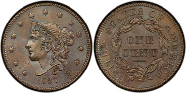 1837 1C Plain Cords, Medium Letters MS64+ BN