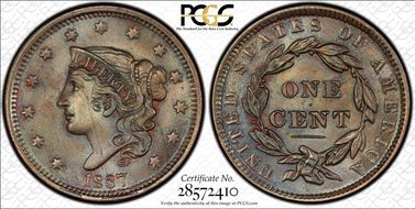 1837 1C Beaded Cords MS64BN