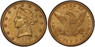 1869-S $10 AU50