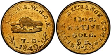 1849 $5 Oregon Exchange Co. MS62