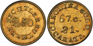 (1837-42) $2.50 C. Bechtler, 67 Grains, 21 Carats MS62