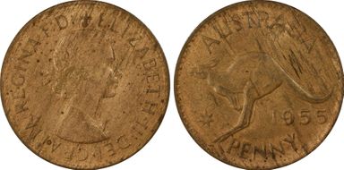 1955 Y. (p) 1D Melbourne obverse MS63RB