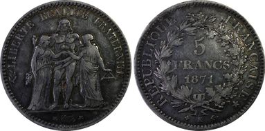 1871-K 5 Fr Gad-745 F-334 Hercule VF35
