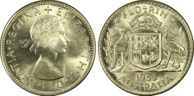 1953(m) Florin Small Rev. Denticles KM-54  Ag MS65
