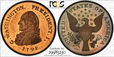 "1792" (1860) 50C Washington Getz Pattern Copper Idler Copy MS62RB