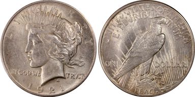 1921 $1 High Relief, Peace AU58