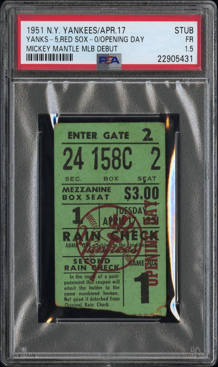 Ticket stub from Mickey Mantle's Major League debut on 17 April 1951, graded PSA 1.5