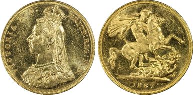 1887-M Sov S-3867A DISH M7 1st Obv Angled J MS62