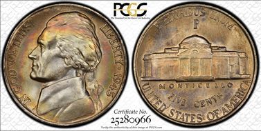 1945-P 5C Doubled Die Reverse MS67