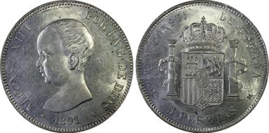 1891-PG M 5 Pta (1891) MS62