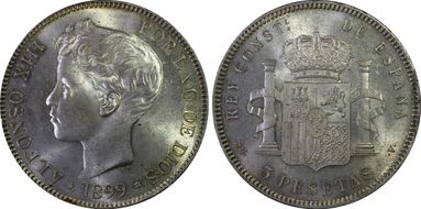 1899-SG V 5 Pta (1899) KM-707  Ag MS64+