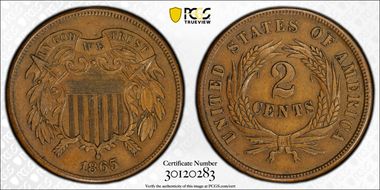 1865 2C Plain 5 AU58+ BN
