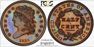 1831  1/2C 1st Restrike, Rev of 1836 PR66+ BN