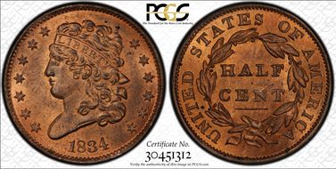 1834 1/2C Cohen 1 MS65RB