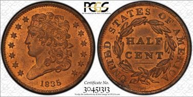 1835 1/2C Cohen 1 MS65RD