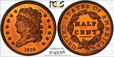 1836 1/2C Original PR65+ RD