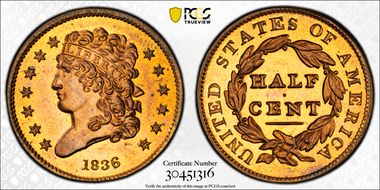 1836 1/2C Original PR65+ RD