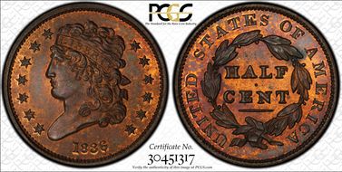 1836  1/2C 1st Restrike, Rev of 1836 PR65+ RB
