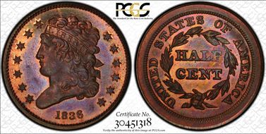 1836  1/2C Second Restrike Rev of 1840 Design PR66RB