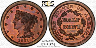 1841  1/2C 1st Restrike, Rev of 1856 PR65RB