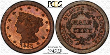 1843 Res 1/2C Reverse of 1840 PR65RB