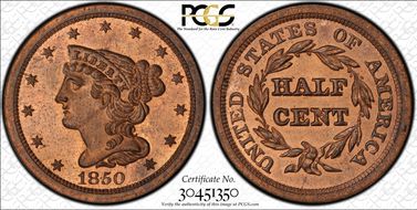 1850 1/2C Cohen 1 MS64RD