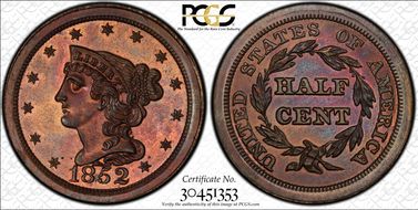 1852 1/2C Restrike, Rev. of 1840 PR66RB