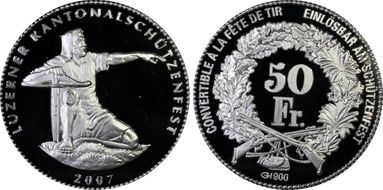 2007 50 Fr Luzerne Haberling-77b Gold 50g PR69DCAM