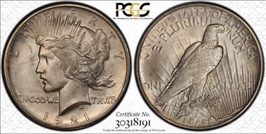 1921 $1 High Relief, Peace MS65