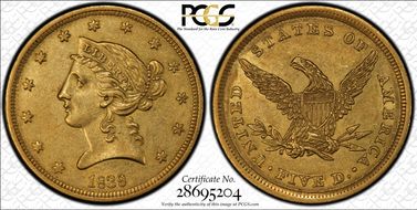 1839 $5 AU58