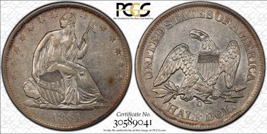 1861-O 50C W-15, CSA, Speared Olive AU50