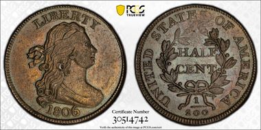 1806 1/2C Large 6, Stems MS62BN