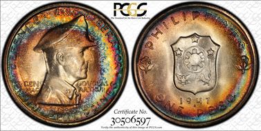 1947-S Peso Douglas MacArthur KM-185  Ag MS65+