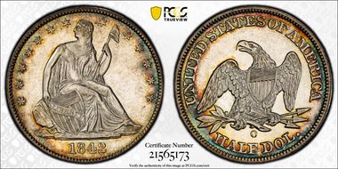 1842-O 50C Medium Date, Rev 1842 AU58+
