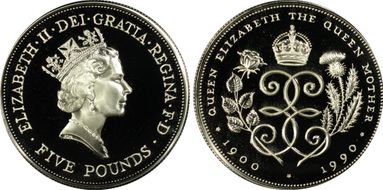1990 £5 S-L1 Queen Mother Ag PR69DCAM