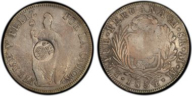 (1832-34) 8 R KM-83 C/M on Peru 8R F12