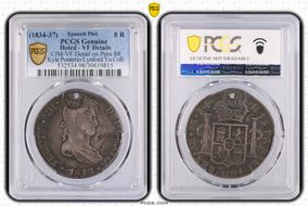 (1834-37) 8 R KM-B139 Dbl Y.II. C/M on Holed Peru 8R N1