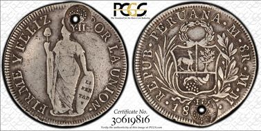 (1834-37) 8 R KM-A139 Dbl Y.II. C/M on Holed Peru 8R F15