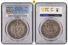 (1834-37) 8 R KM-A139 Dbl Y.II. C/M on Holed Peru 8R F15