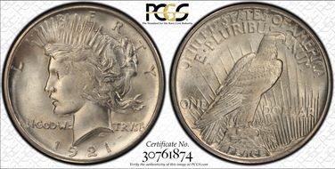 1921 $1 High Relief, Peace MS66