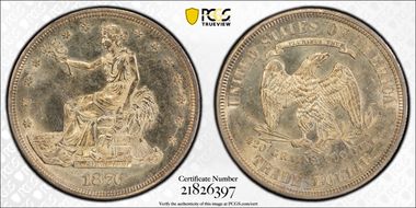 1876-S T$1 TDV-25, Type II/II, Large S MS64