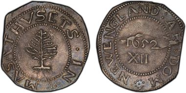 1652 Shilling Pine Tree, Large Planchet, Pellets AU55