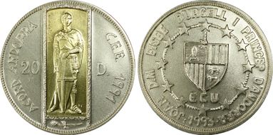 1993 20 Din ECU Customs Union St. George MS69