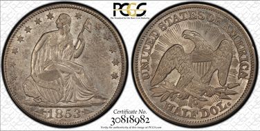 1853-O 50C Arrows and Rays AU55