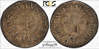 "1652" 6P Pine Tree, Silver Wyatt Copy Noe-L MS63
